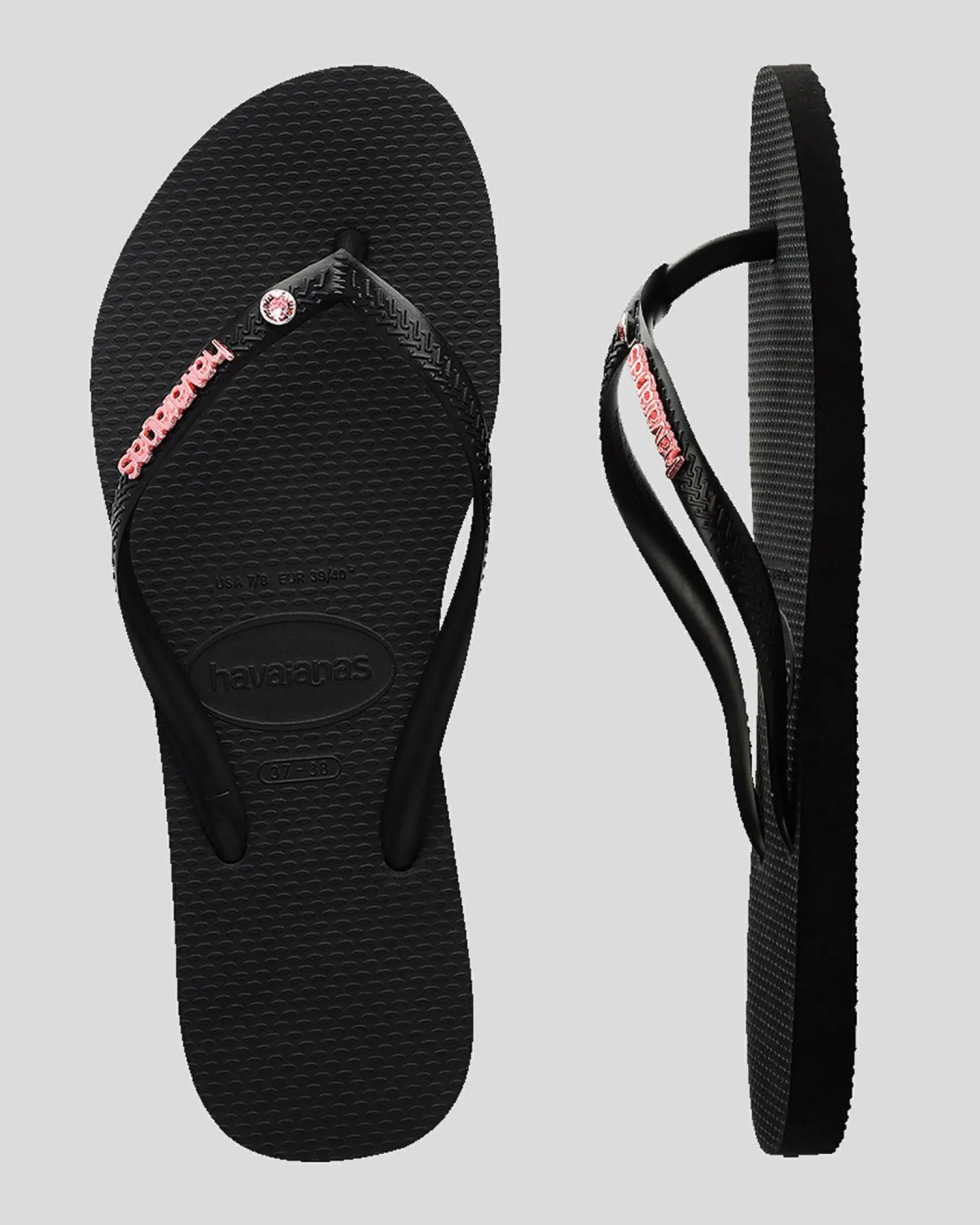 Slim Metal Logo Crystal Thongs